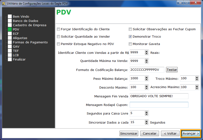 Configurações do PDV
